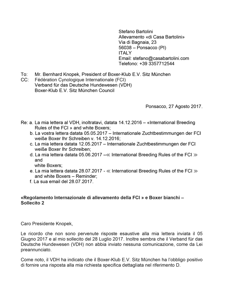 Lettera di sollecito al Presidente del Boxer-Klub E.V. Sitz München